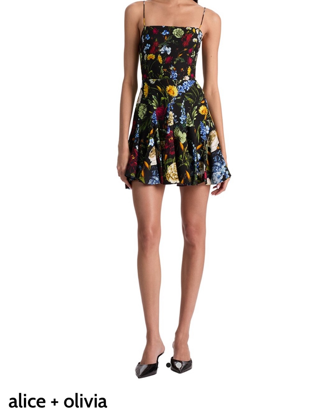 Alice + Olivia Black Floral Spaghetti-Strap Mini Dress
